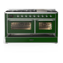ILVE Majestic III 60-inch Dual Fuel Range with 5 Liquid Propane Burner, Griddle and Triple Glass Door Electric Oven in Emerald Green with Chrome Trim (UM60FNR3EGCLP)