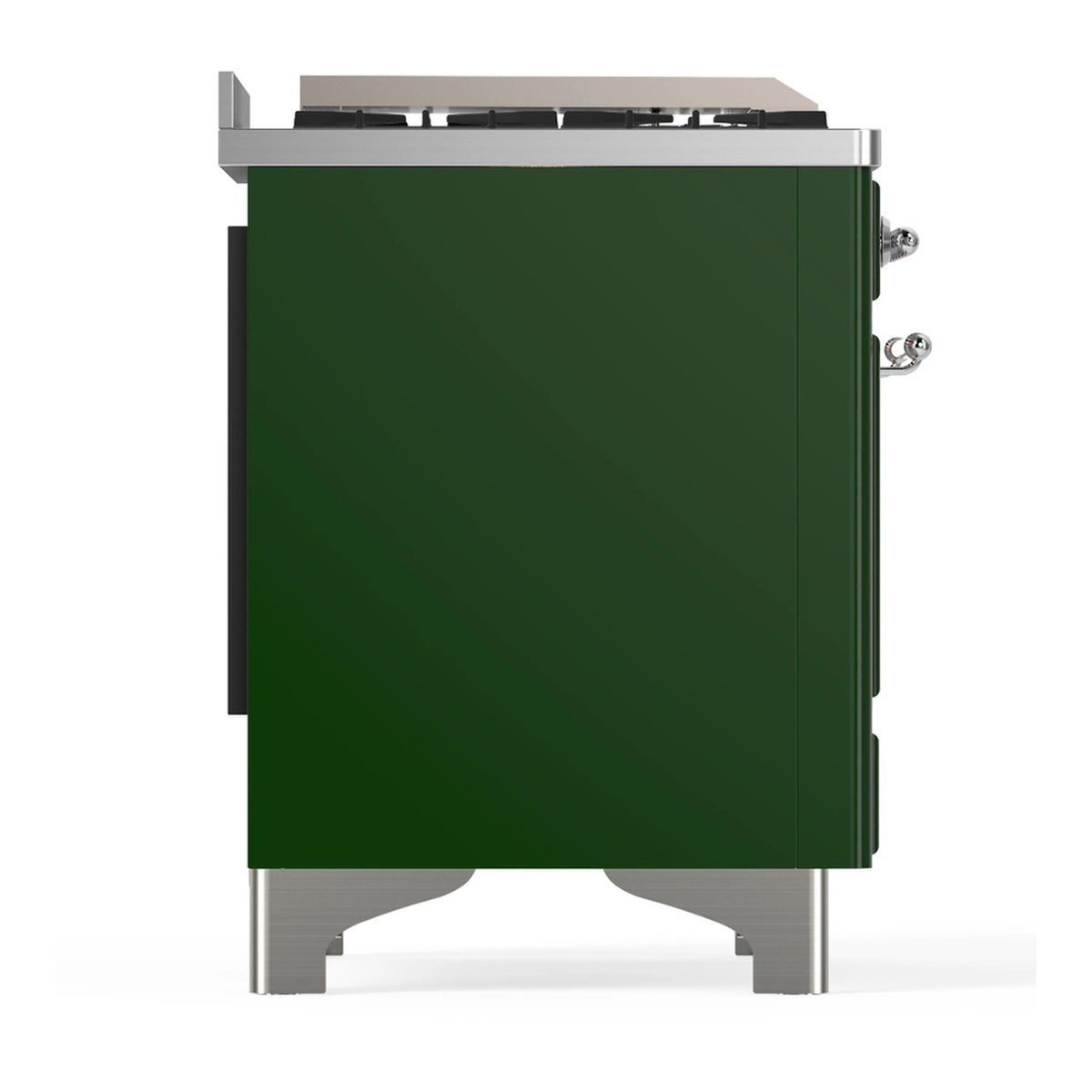Emerald green side panel of dual fuel range with stainless base and rear connections