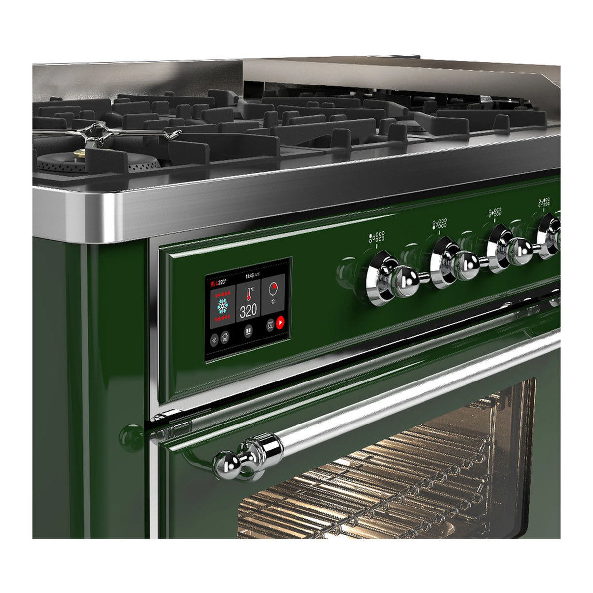 Emerald green dual fuel range control panel with chrome knobs and digital display