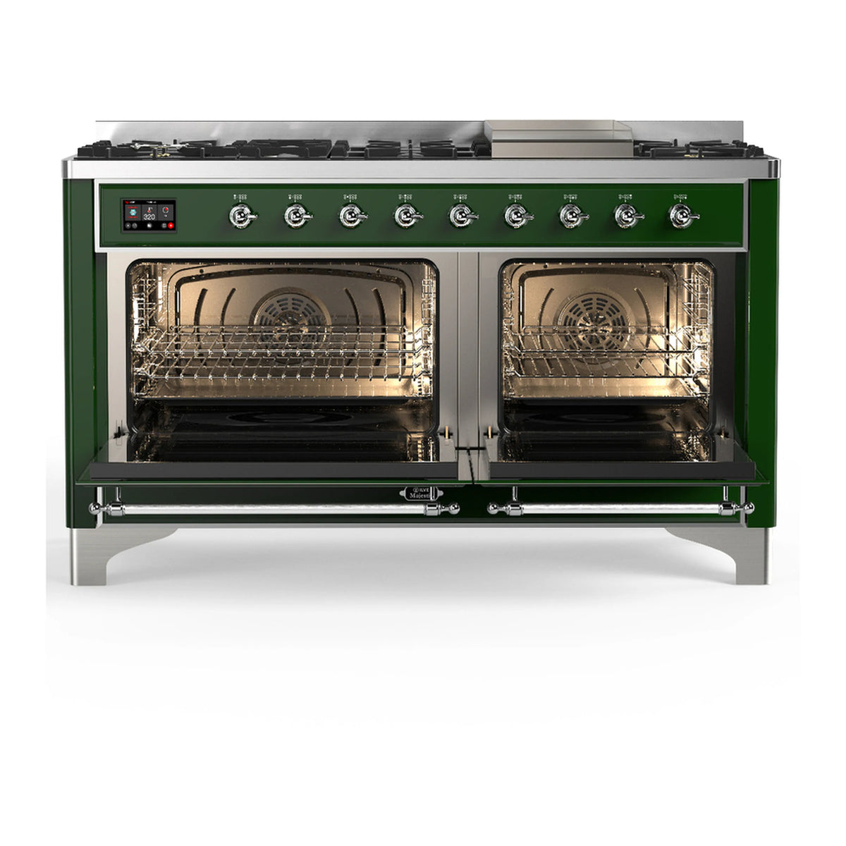 Emerald green dual fuel range with two open oven doors and metal racks inside
