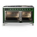 ILVE Majestic III 60-inch Dual Fuel Range with 7 Natural Gas Burner, Griddle and Triple Glass Door Electric Oven in Emerald Green with Chrome Trim (UM60FNR3EGC)