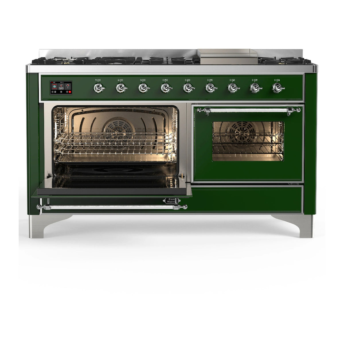 Emerald green dual fuel range with two open ovens and racks visible through glass doors