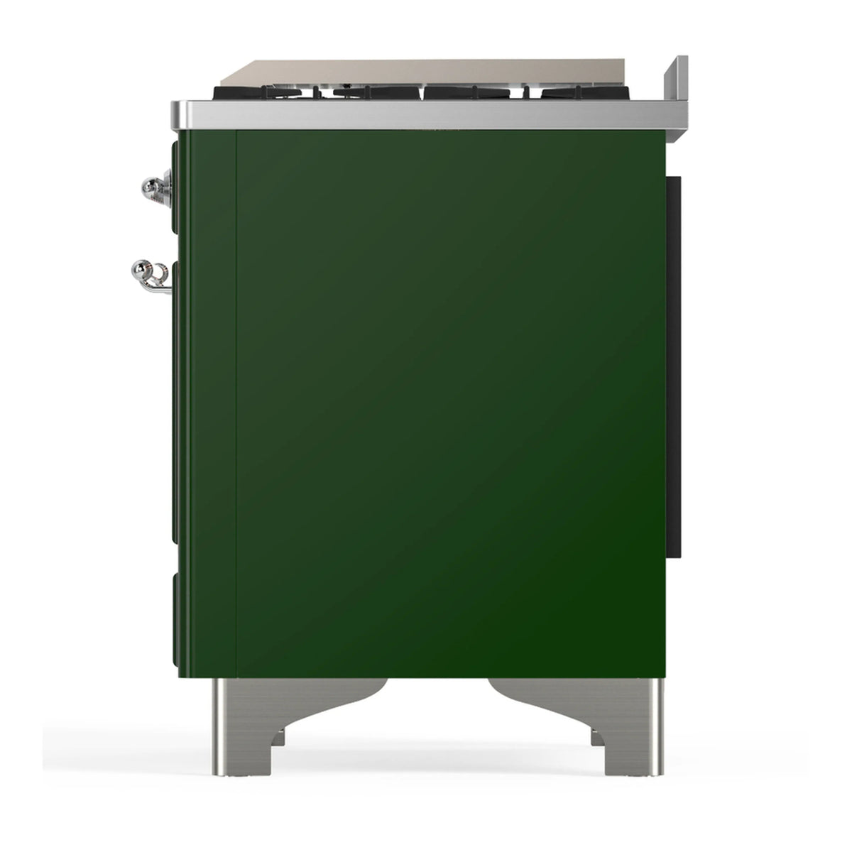 Emerald green dual fuel range rear panel with chrome legs and side handles