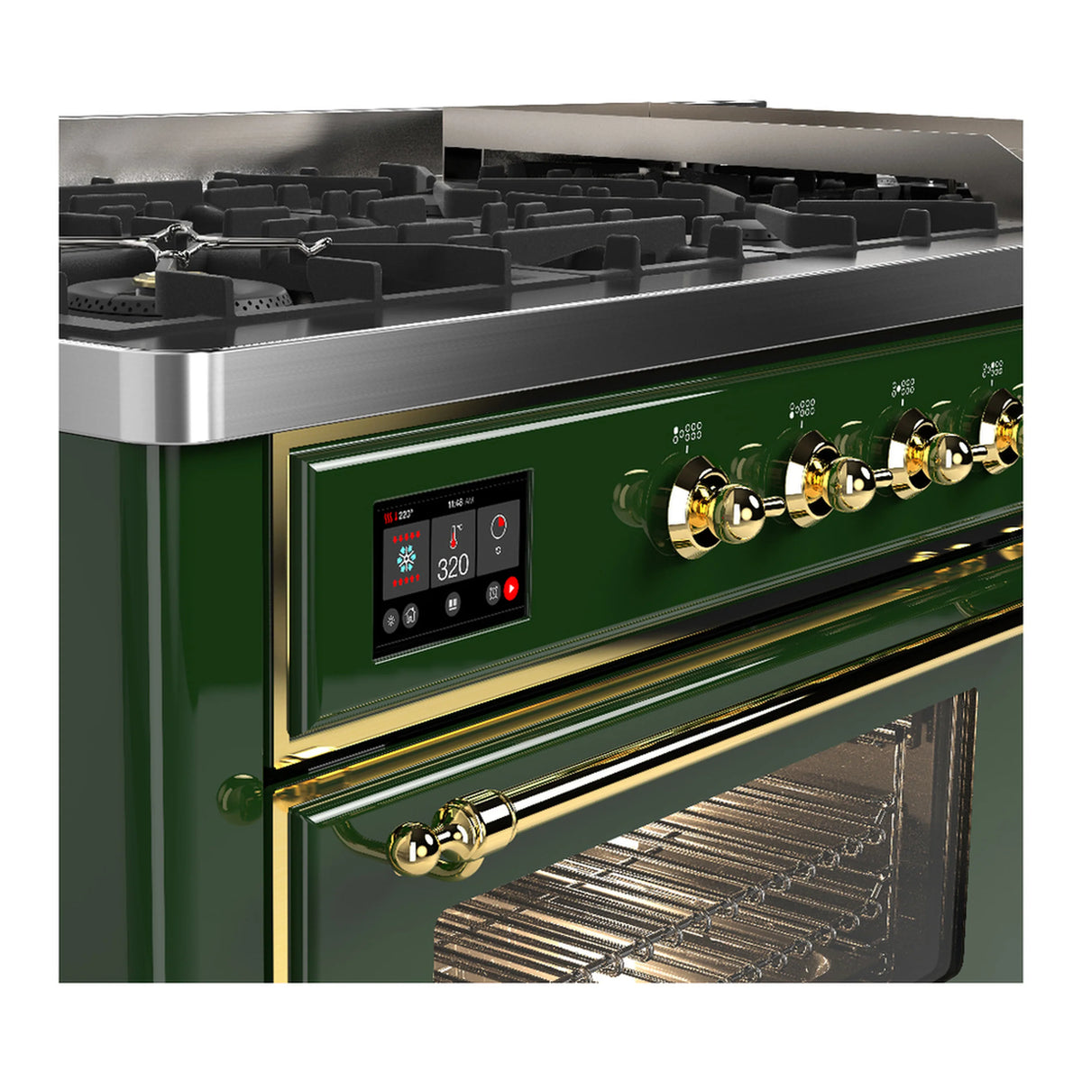 Emerald green dual-fuel range with brass trim, side control panel, and open oven door