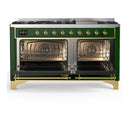 ILVE Majestic III 60-inch Dual Fuel Range with 5 Liquid Propane Burner, Griddle and Triple Glass Door Electric Oven in Emerald Green with Brass Trim (UM60FNR3EGGLP)