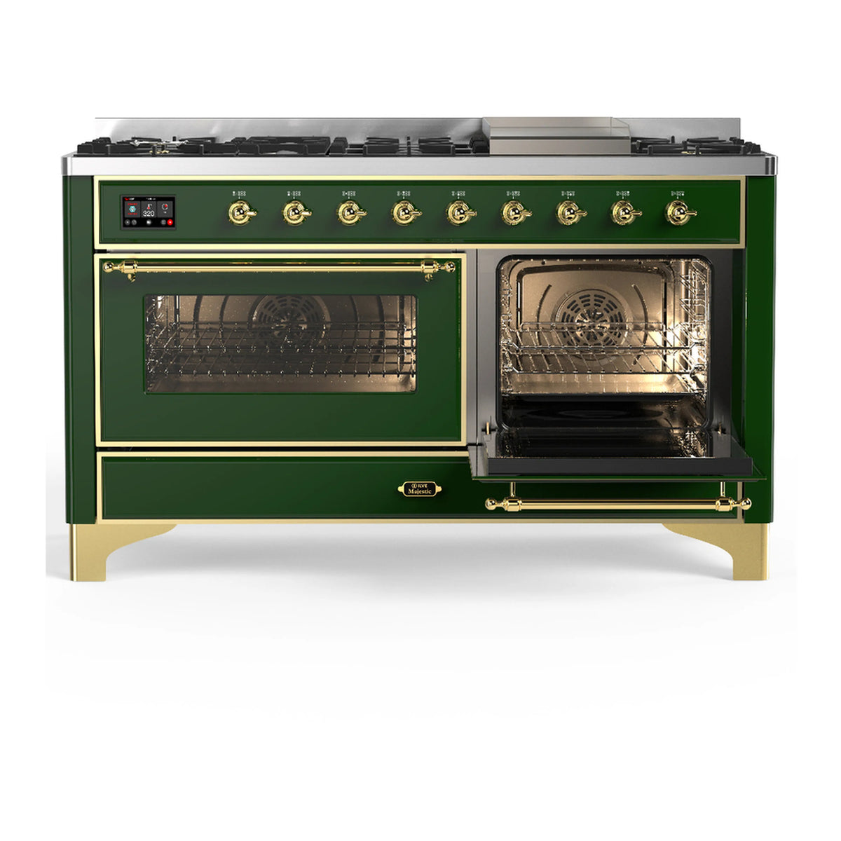 Emerald green dual-fuel range with brass trim and two oven doors open with racks inside