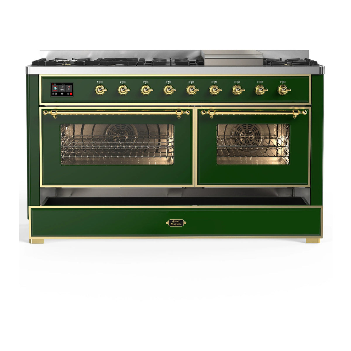 Emerald green dual-fuel range with brass trim and two oven doors open with heating elements