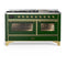 ILVE Majestic III 60-inch Dual Fuel Range with 5 Liquid Propane Burner, Griddle and Triple Glass Door Electric Oven in Emerald Green with Brass Trim (UM60FNR3EGGLP)