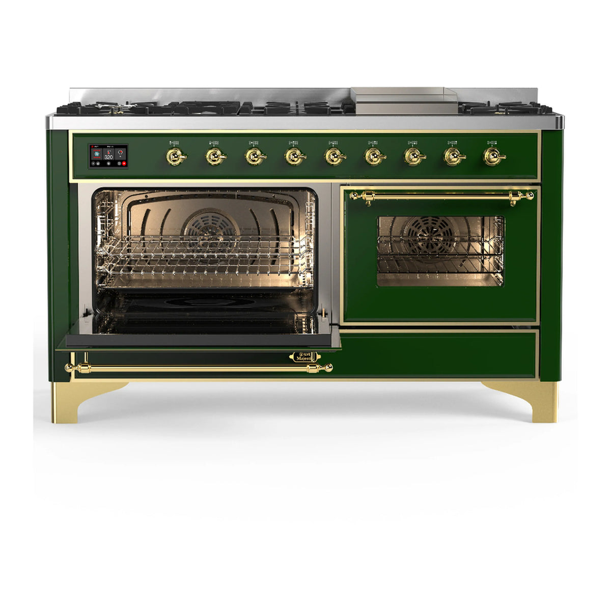 Emerald green dual fuel range with brass trim; one oven door open and one closed