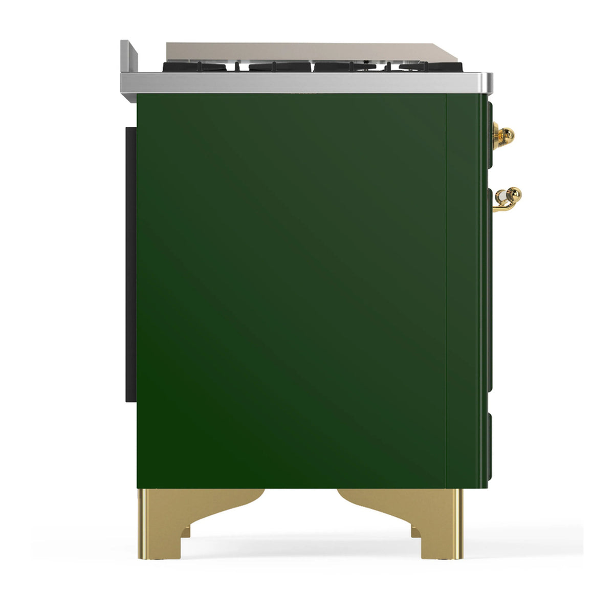 Emerald green dual fuel range side panel with brass trim and cooktop edge