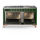 ILVE Majestic III 60-inch Dual Fuel Range with 5 Liquid Propane Burner, Griddle and Triple Glass Door Electric Oven in Emerald Green with Copper Trim (UM60FNR3EGPLP)