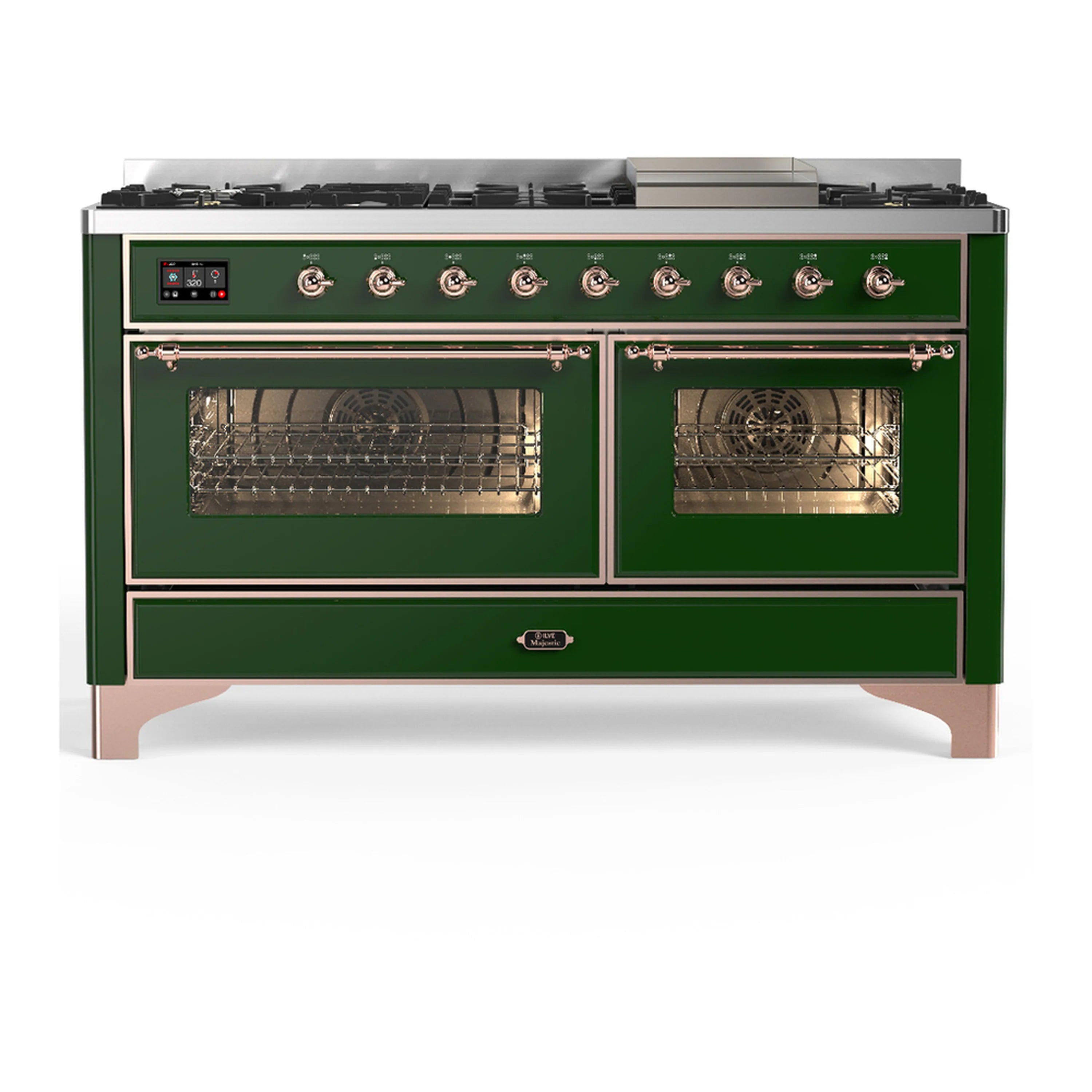 Emerald green dual fuel range with copper trim, both ovens open and front panel controls visible