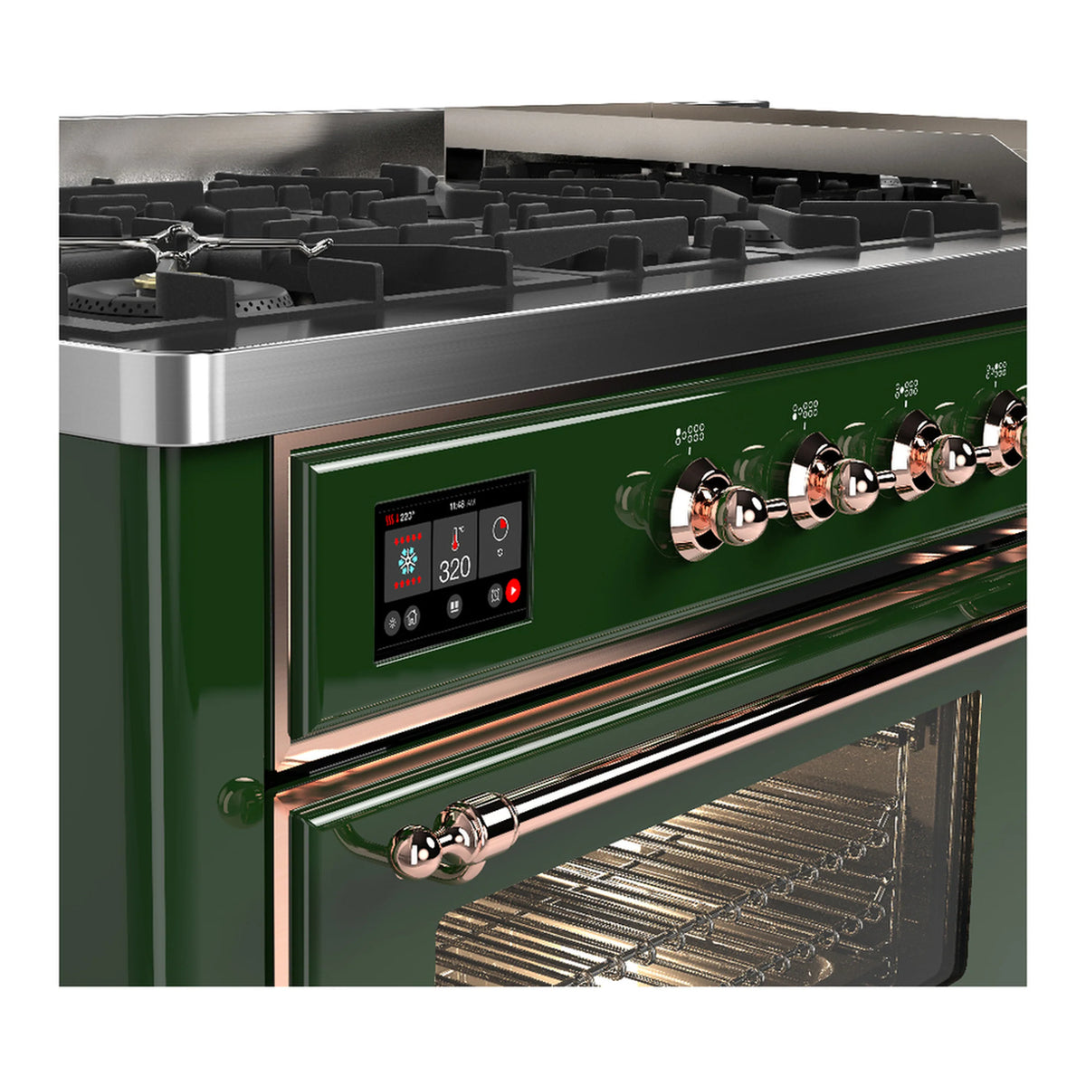 Emerald green dual fuel range with copper-trimmed control panel and open oven window