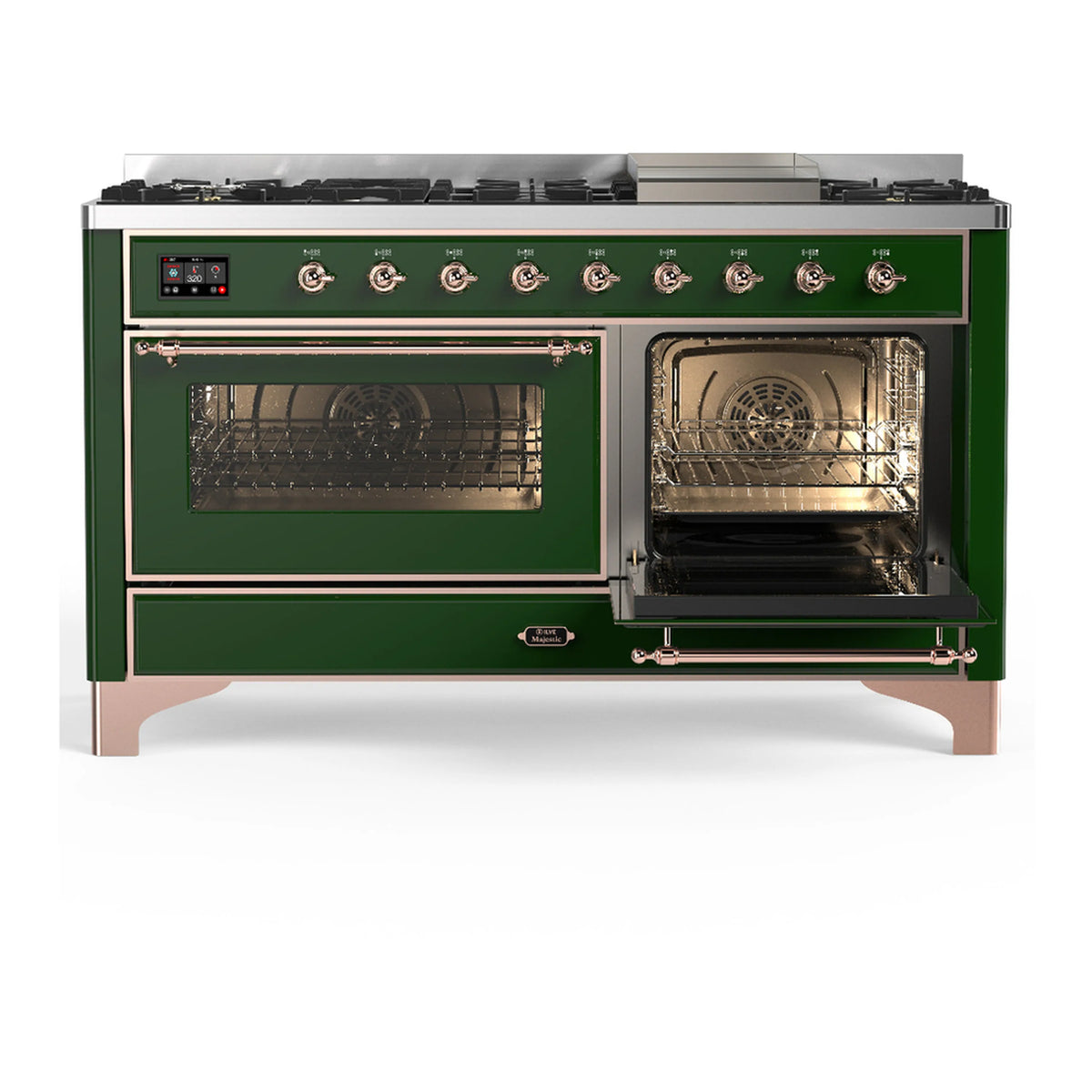 Emerald green range with left oven door open and right oven cavity visible