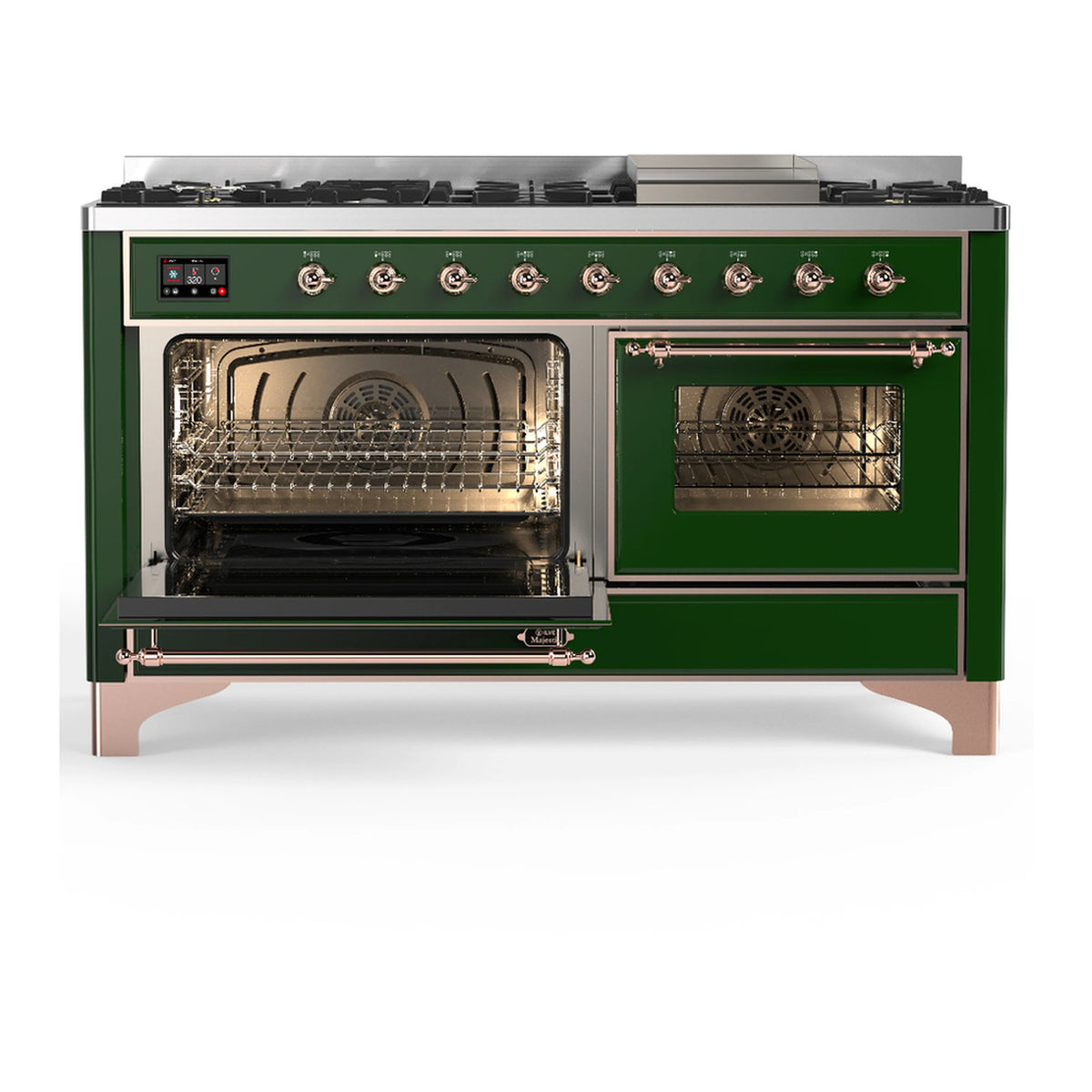 Emerald green dual fuel range with left oven door open, right door closed, copper handle