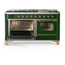 ILVE Majestic III 60-inch Dual Fuel Range with 7 Natural Gas Burner, Griddle and Triple Glass Door Electric Oven in Emerald Green with Copper Trim (UM60FNR3EGP)