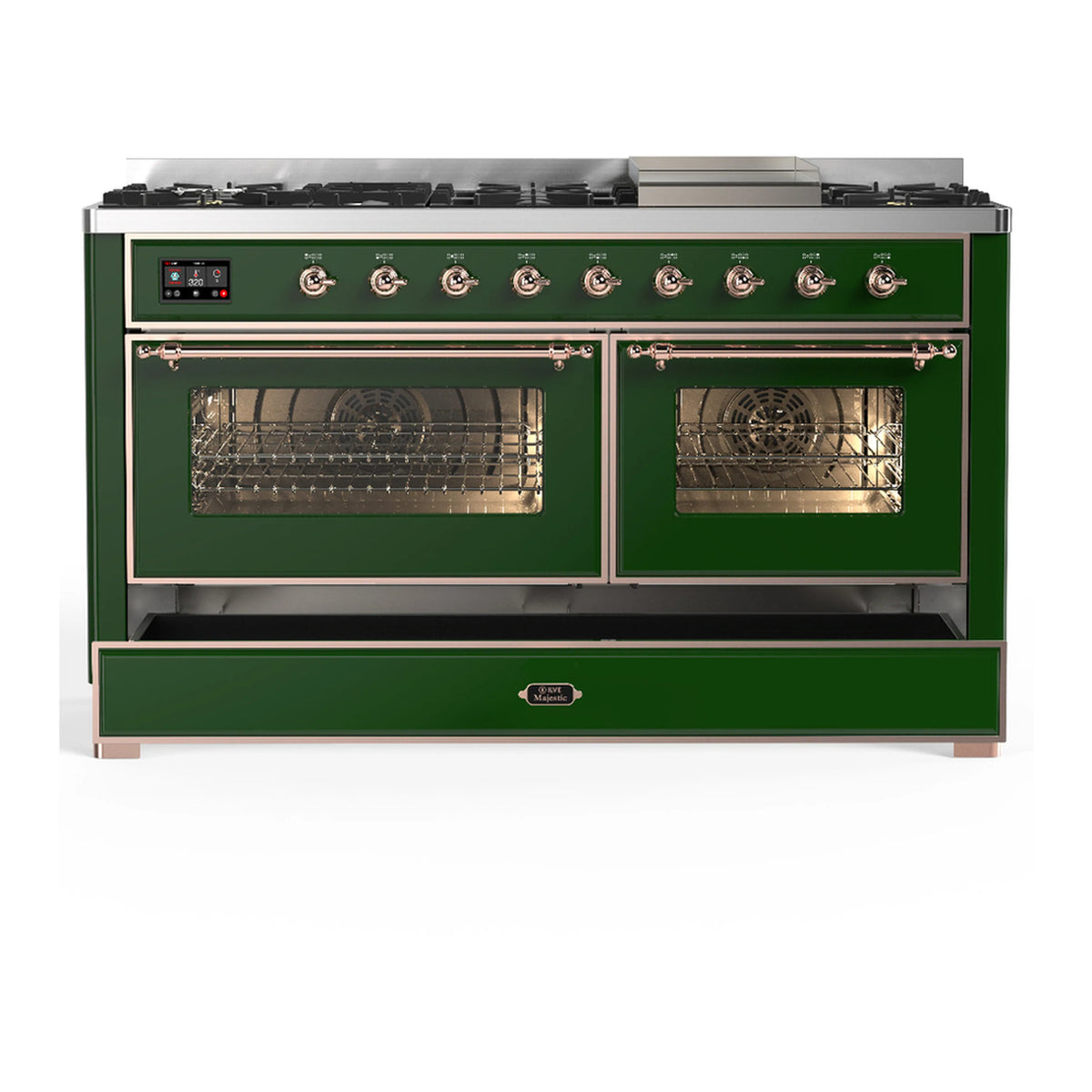 Emerald green dual fuel range with both oven doors open and wire racks visible