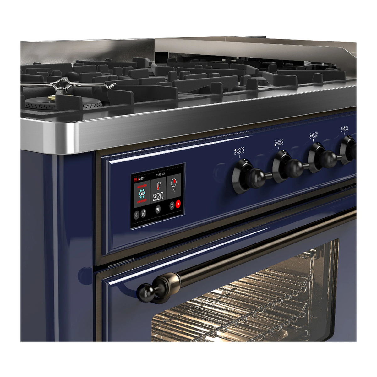 Midnight blue dual fuel range with control panel and open oven door window