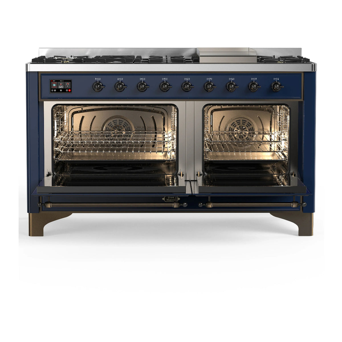 Midnight blue dual fuel range with both oven doors open and wire racks inside