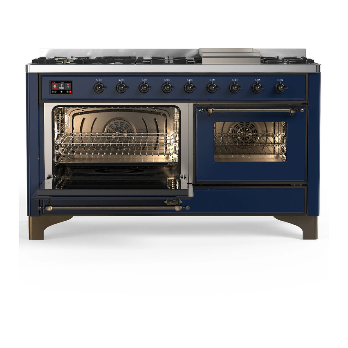 Midnight blue dual fuel range with both oven doors open and interior fan visible