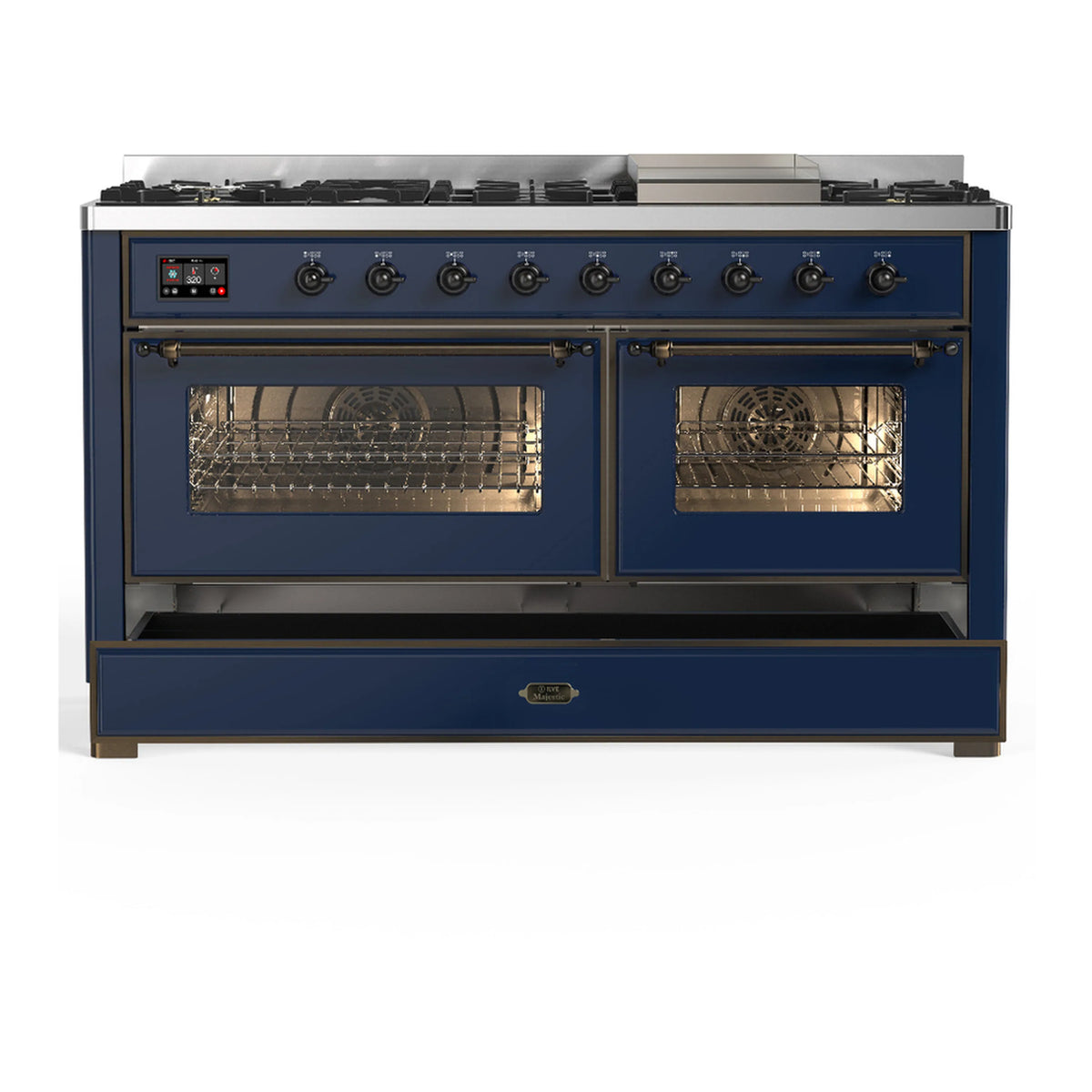 Midnight blue dual fuel range with two oven doors closed and front control panel