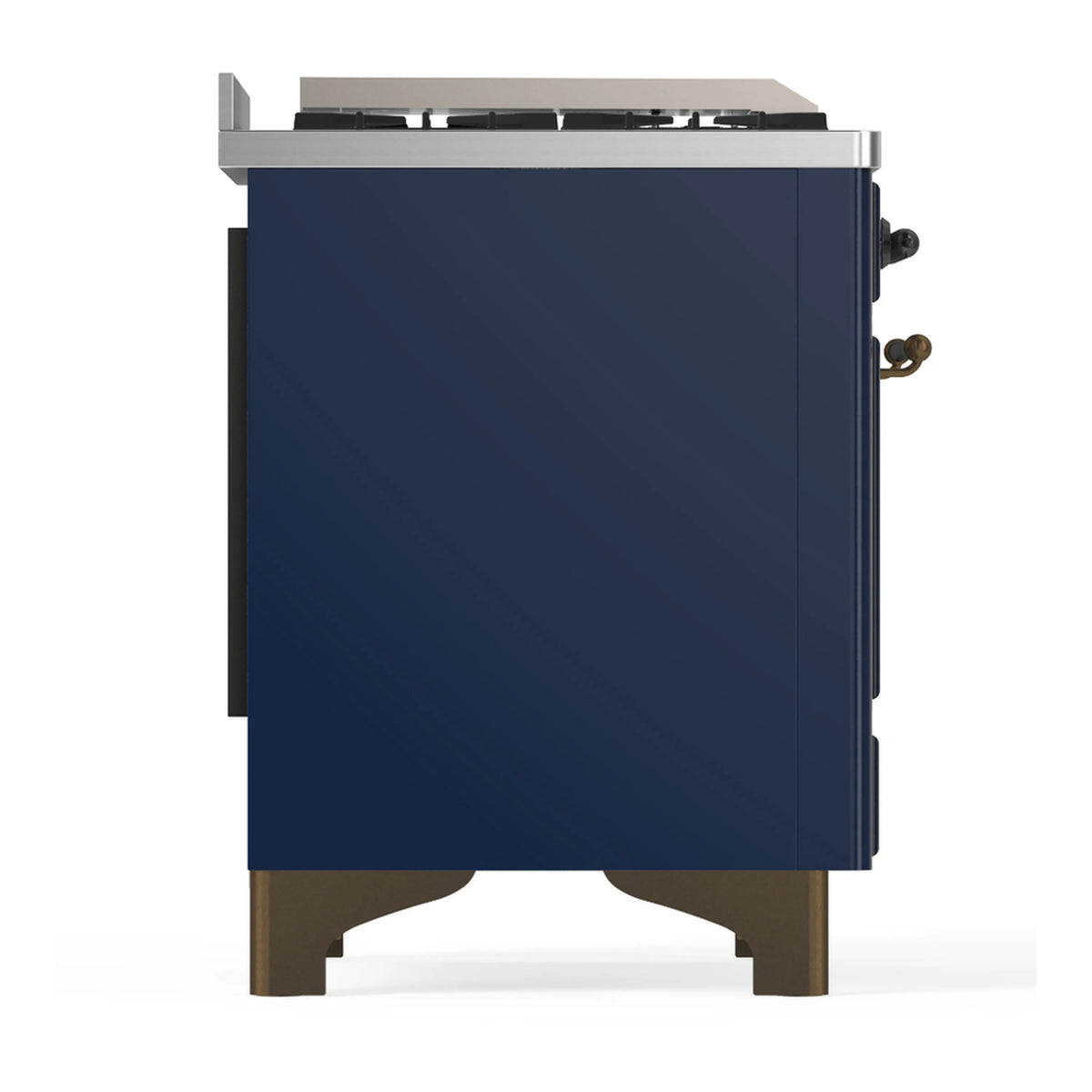 Midnight blue dual fuel range side panel with metal top and rear handle fittings