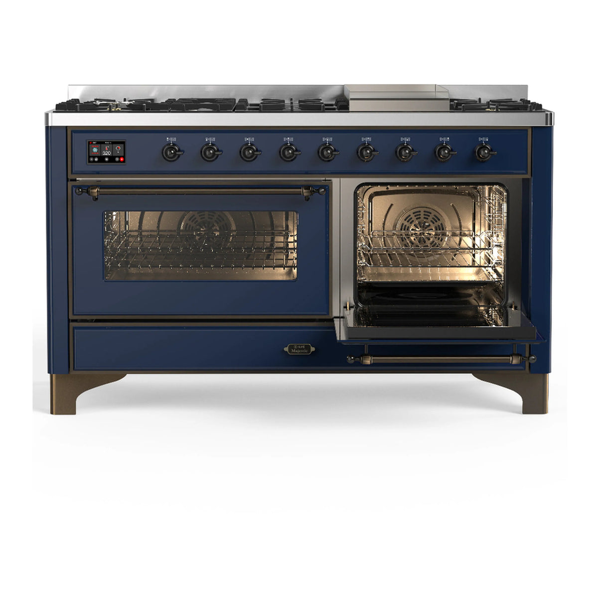 Midnight blue range front with one oven window open and second oven door open