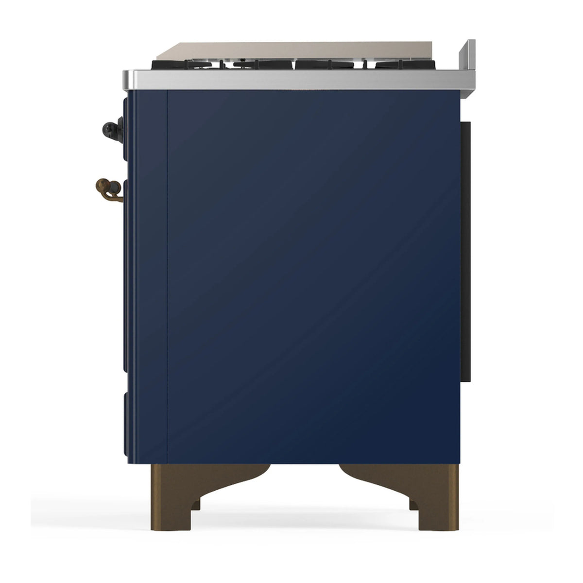 Midnight blue range side view with control knobs and bronze base legs