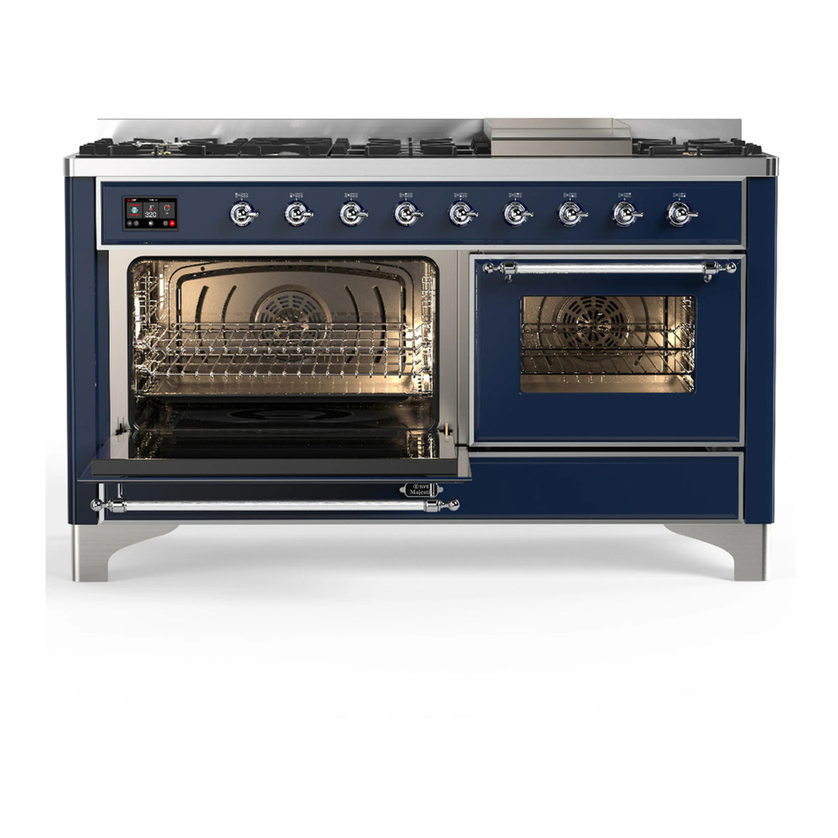 Midnight blue dual fuel range with two oven compartments and glass doors, front view