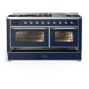 ILVE Majestic III 60-inch Dual Fuel Range with 5 Liquid Propane Burner, Griddle and Triple Glass Door Electric Oven in Midnight Blue with Chrome Trim (UM60FNR3MBCLP)