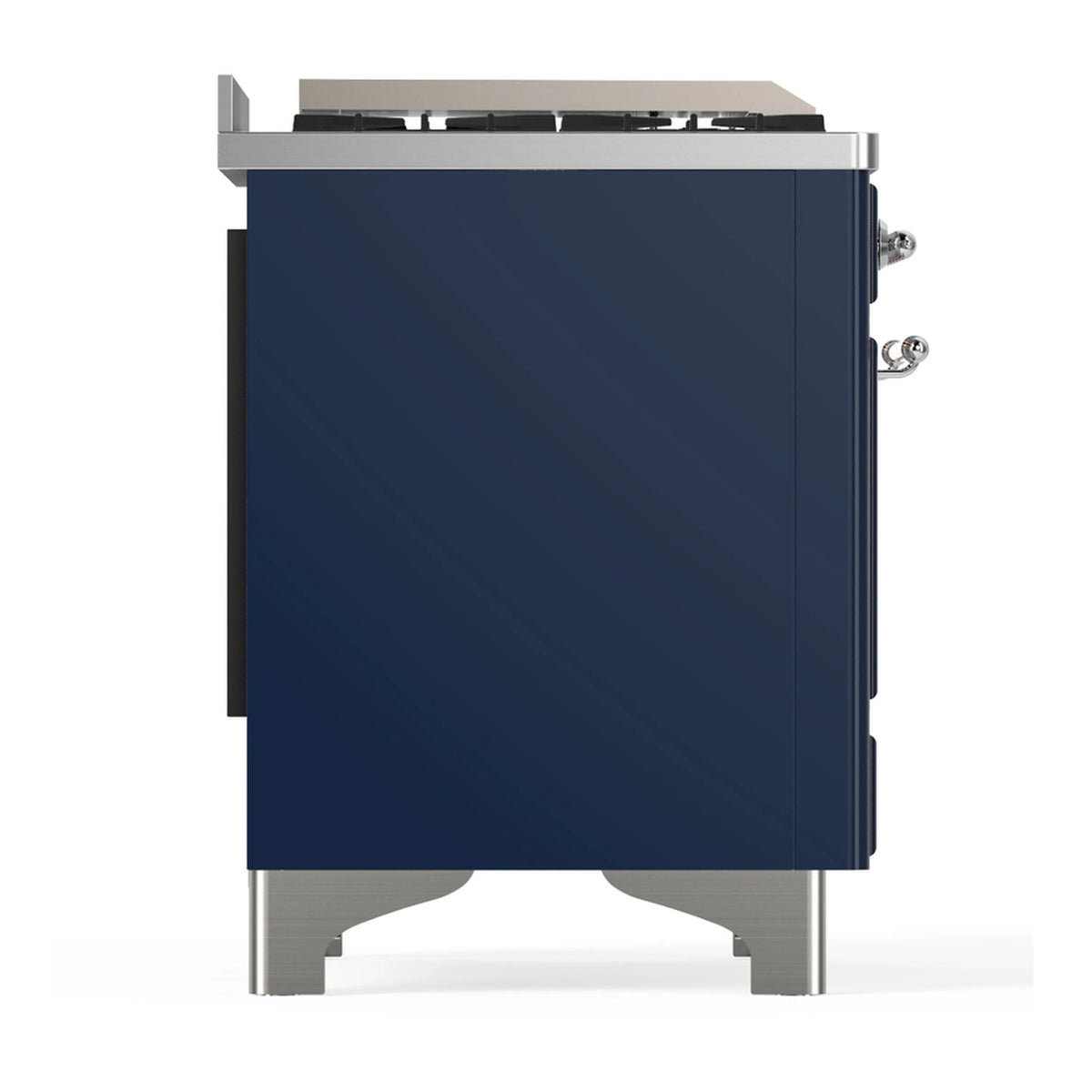Midnight blue dual fuel range side panel with chrome trim and level feet