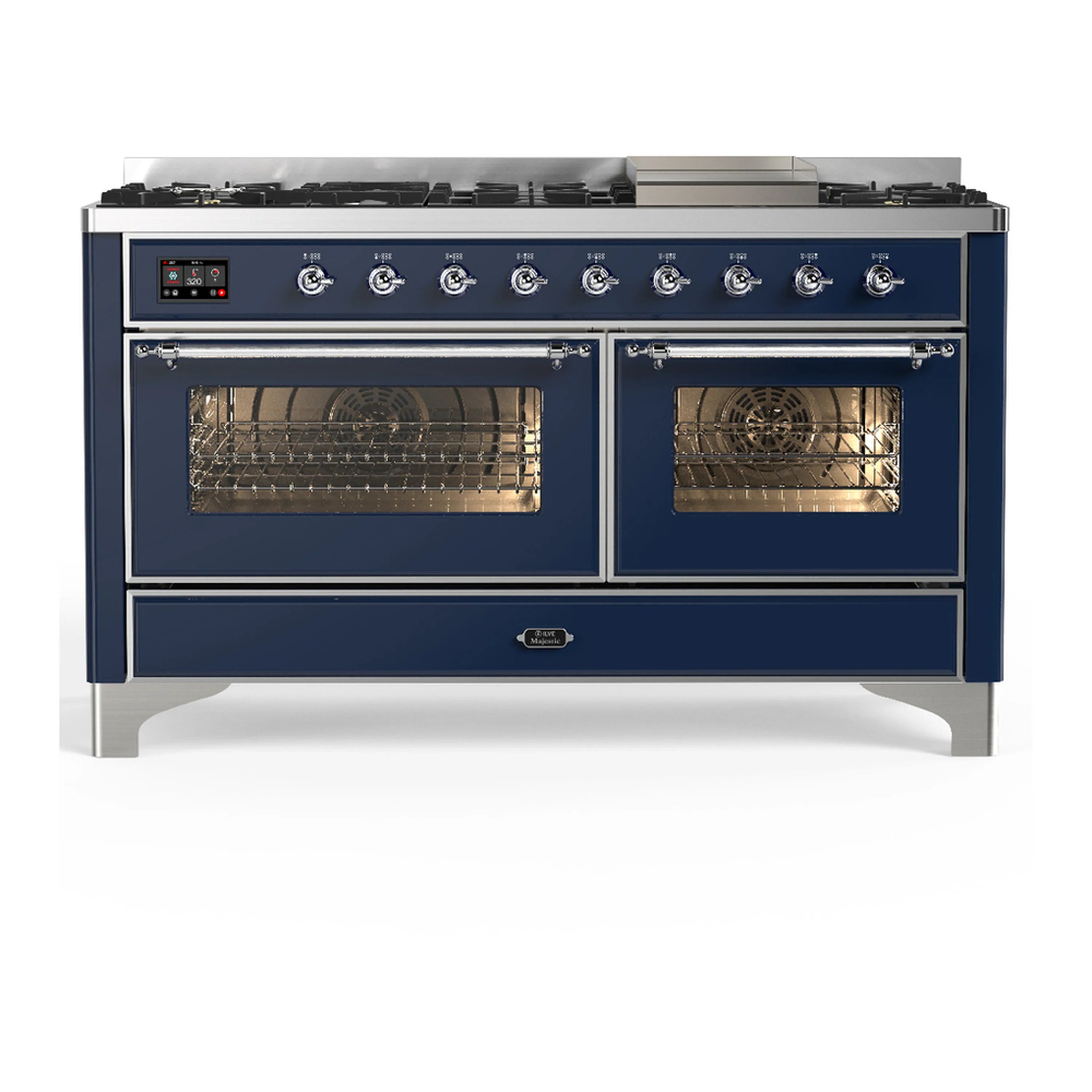 Midnight blue dual fuel range front view with two oven doors open and control knob row