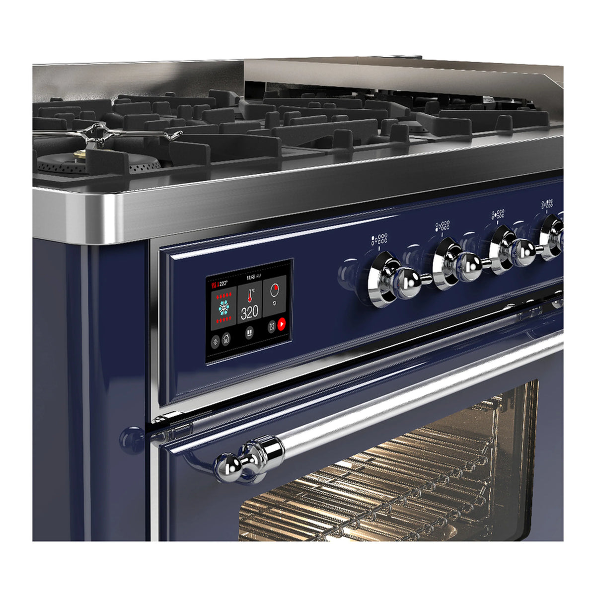 Midnight blue range control panel with chrome knobs and black burner grates