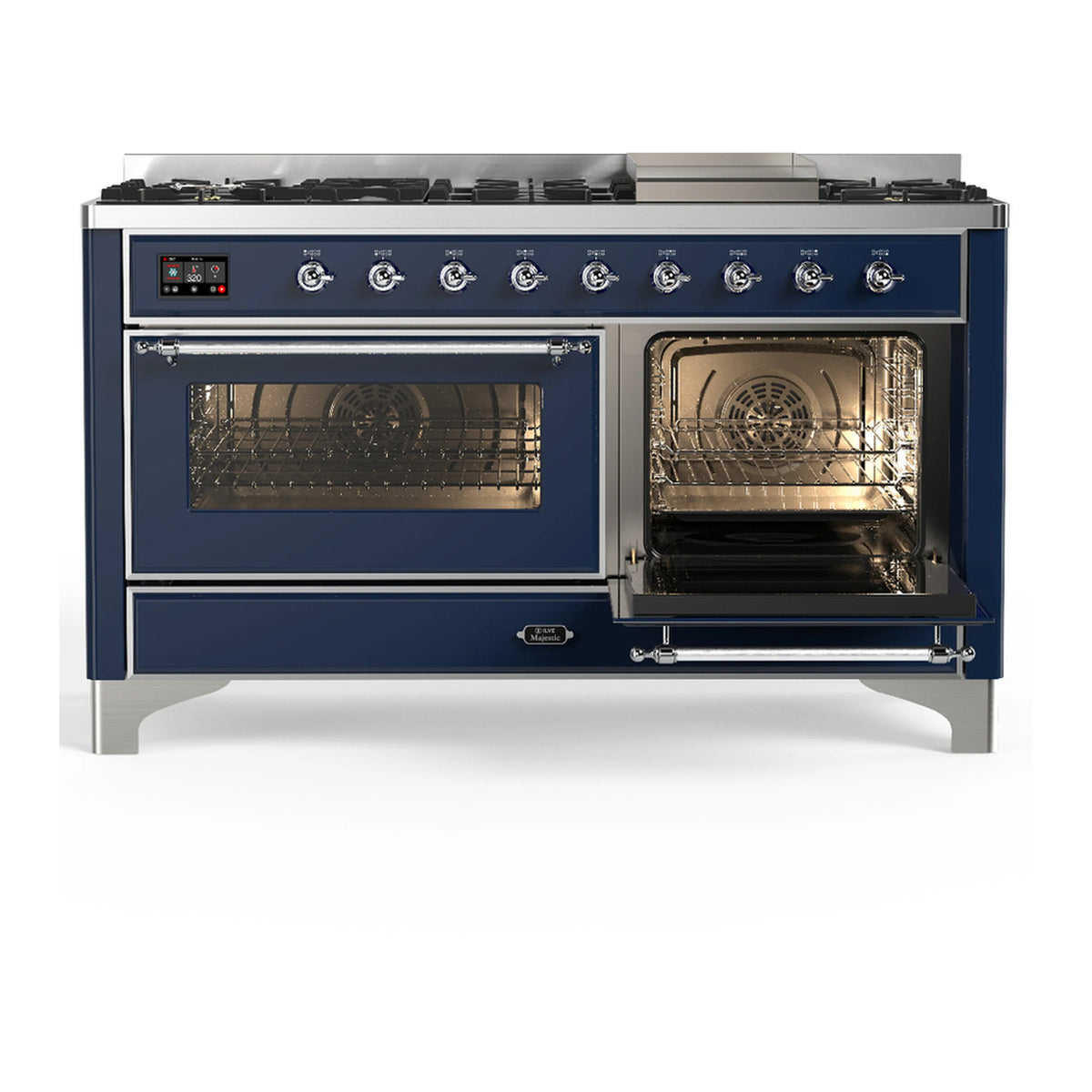 Midnight blue range with two open oven doors and glass windows over metal racks