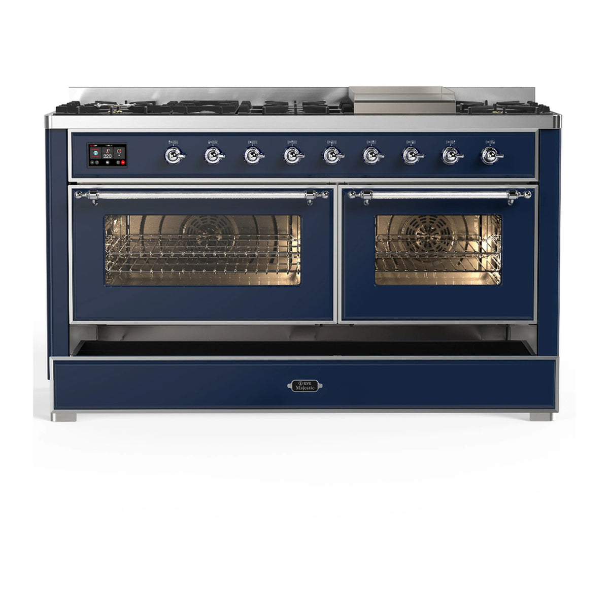 Midnight blue range with two oven doors open and a lower storage drawer