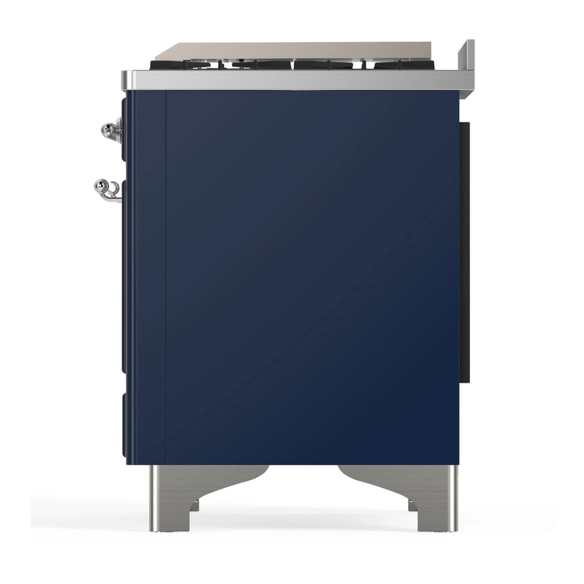 Midnight blue range side panel with chrome side fittings and adjustable feet