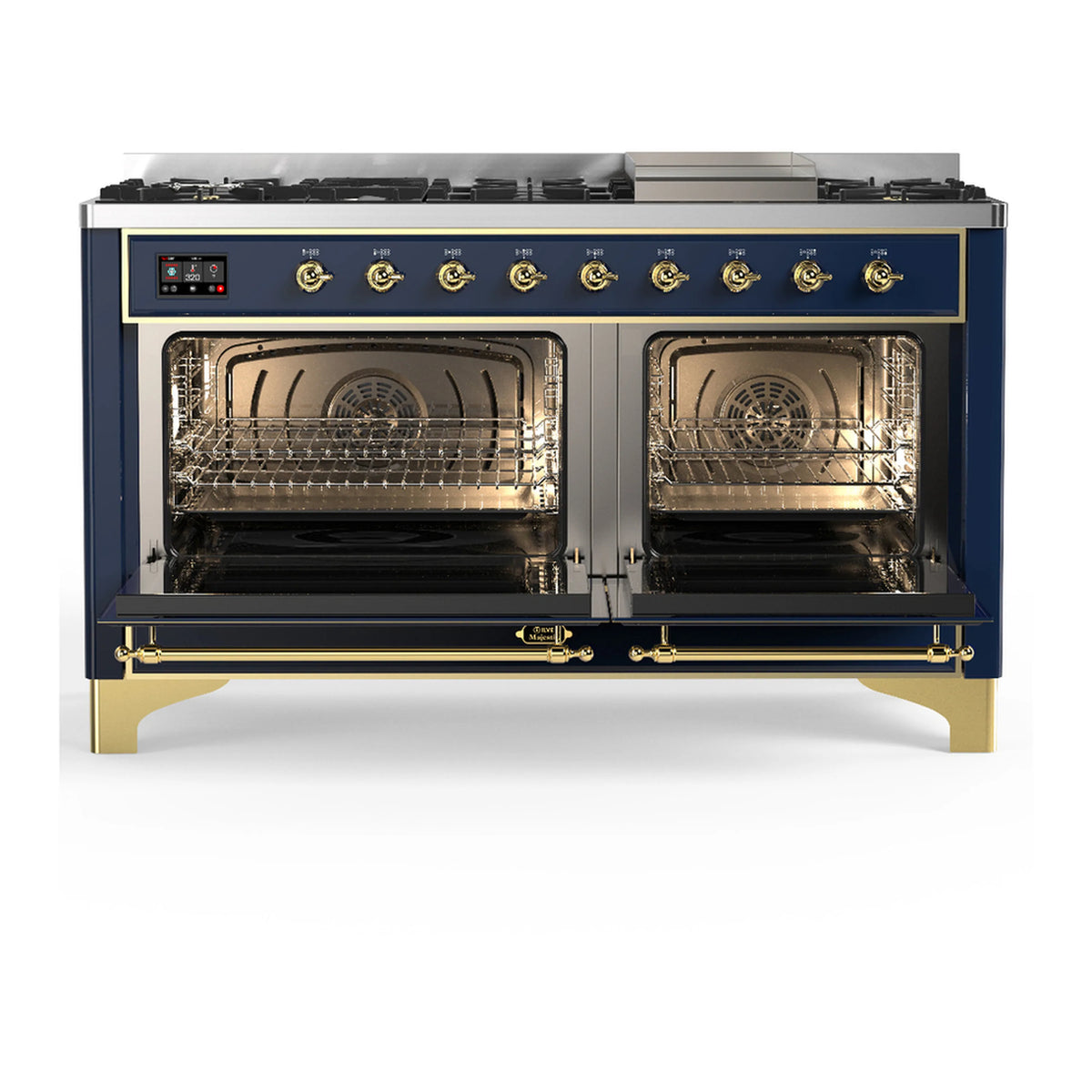 Blue-grey dual fuel range with brass trim, twin open ovens, and raised burner grates