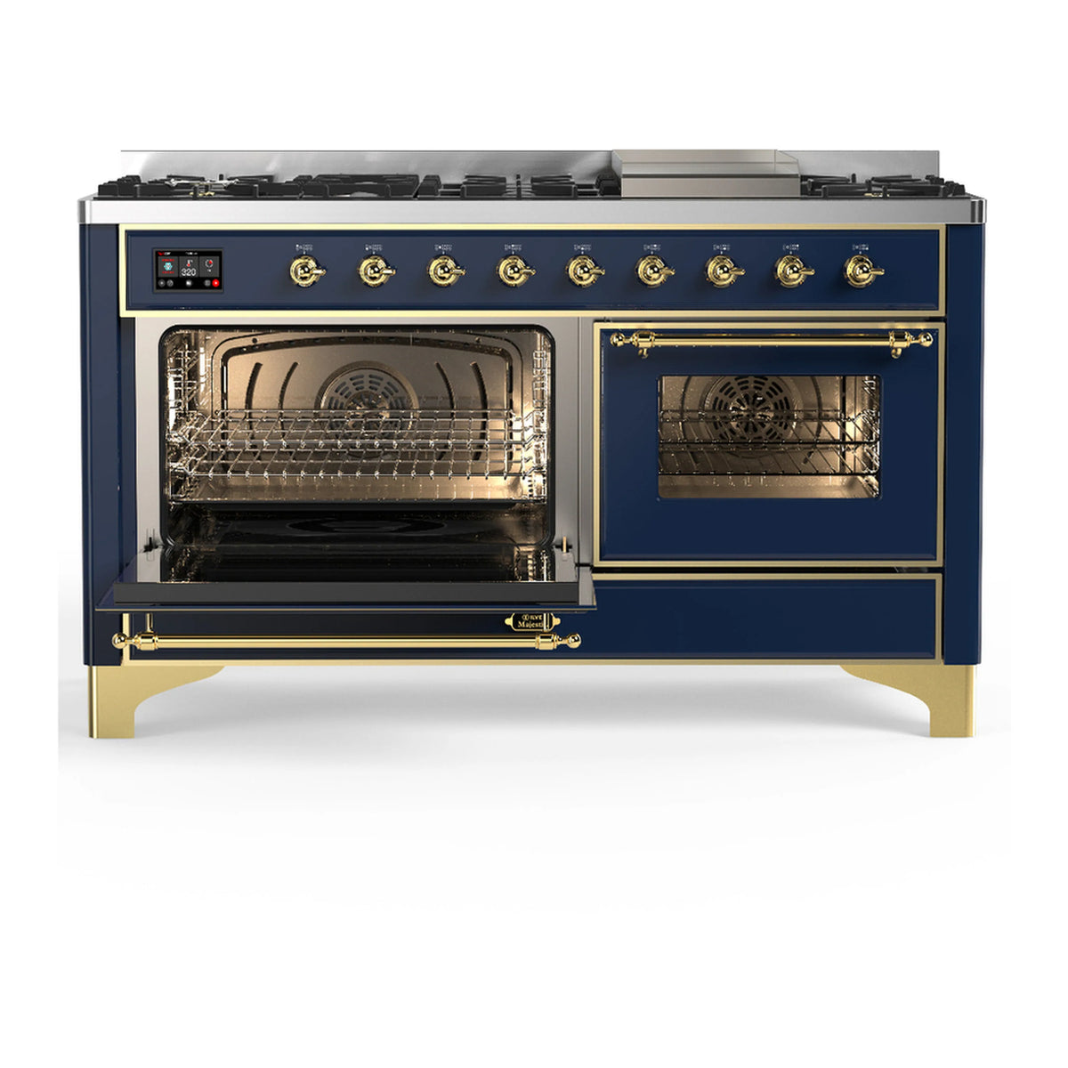 Blue-grey dual fuel range with brass trim, burner side and left oven door open