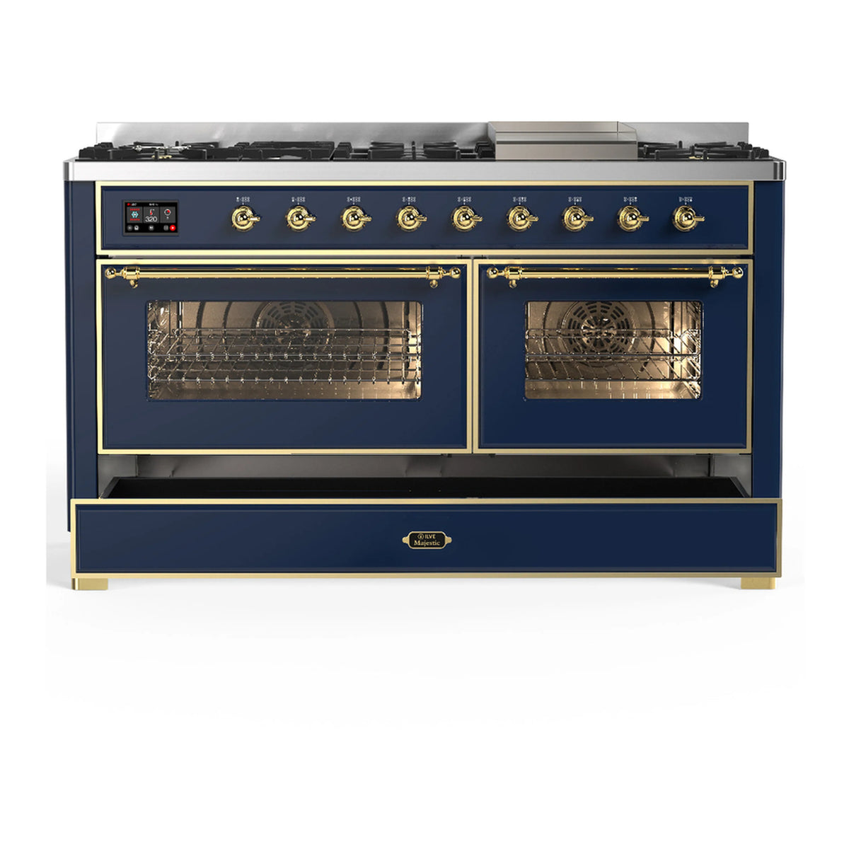 Blue-grey dual fuel range with brass trim, two glass oven doors closed and control panel