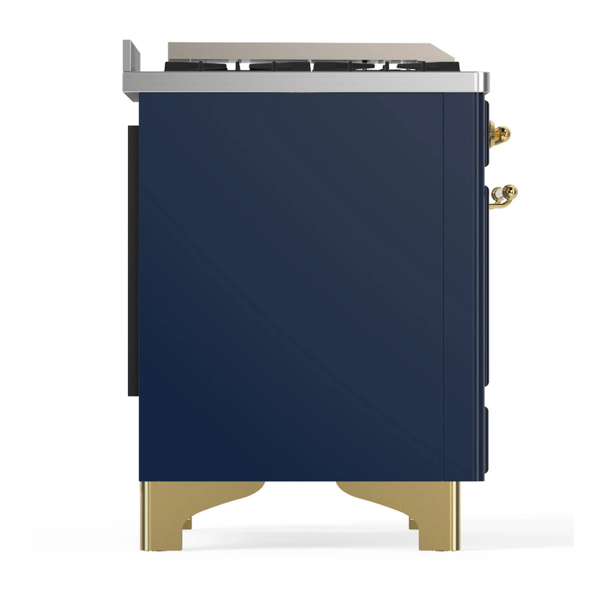 Blue-grey dual fuel range side panel with brass corner legs and control-side knobs