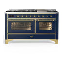 ILVE Majestic III 60-inch Dual Fuel Range with 5 Liquid Propane Burner, Griddle and Triple Glass Door Electric Oven in Blue Grey with Brass Trim (UM60FNR3MBGLP)