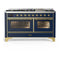 ILVE Majestic III 60-inch Dual Fuel Range with 5 Liquid Propane Burner, Griddle and Triple Glass Door Electric Oven in Blue Grey with Brass Trim (UM60FNR3MBGLP)