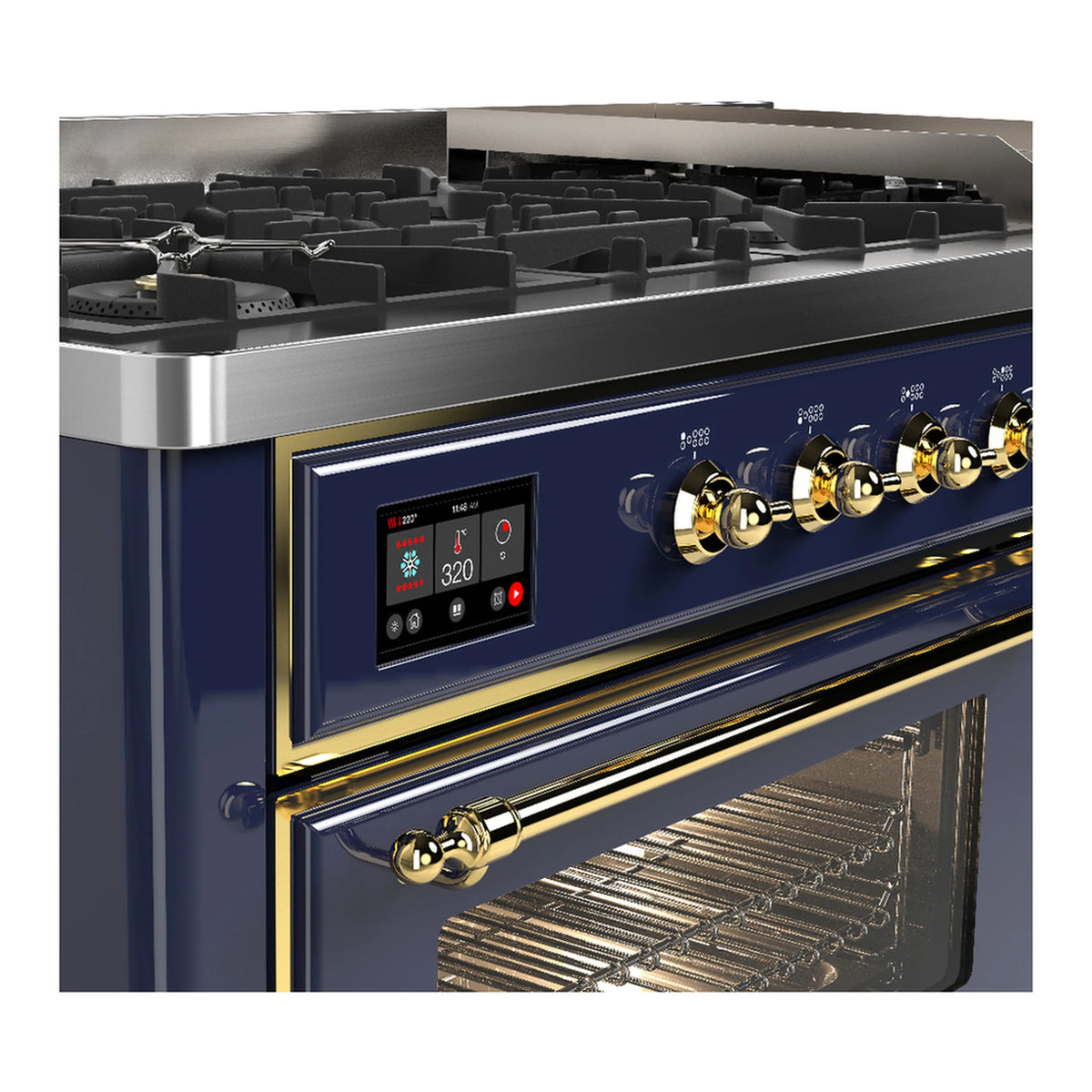 Blue grey dual fuel range front with brass trim, control panel, and open oven door