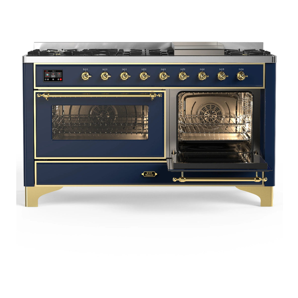 Blue grey dual fuel range with brass trim and two visible oven windows with racks