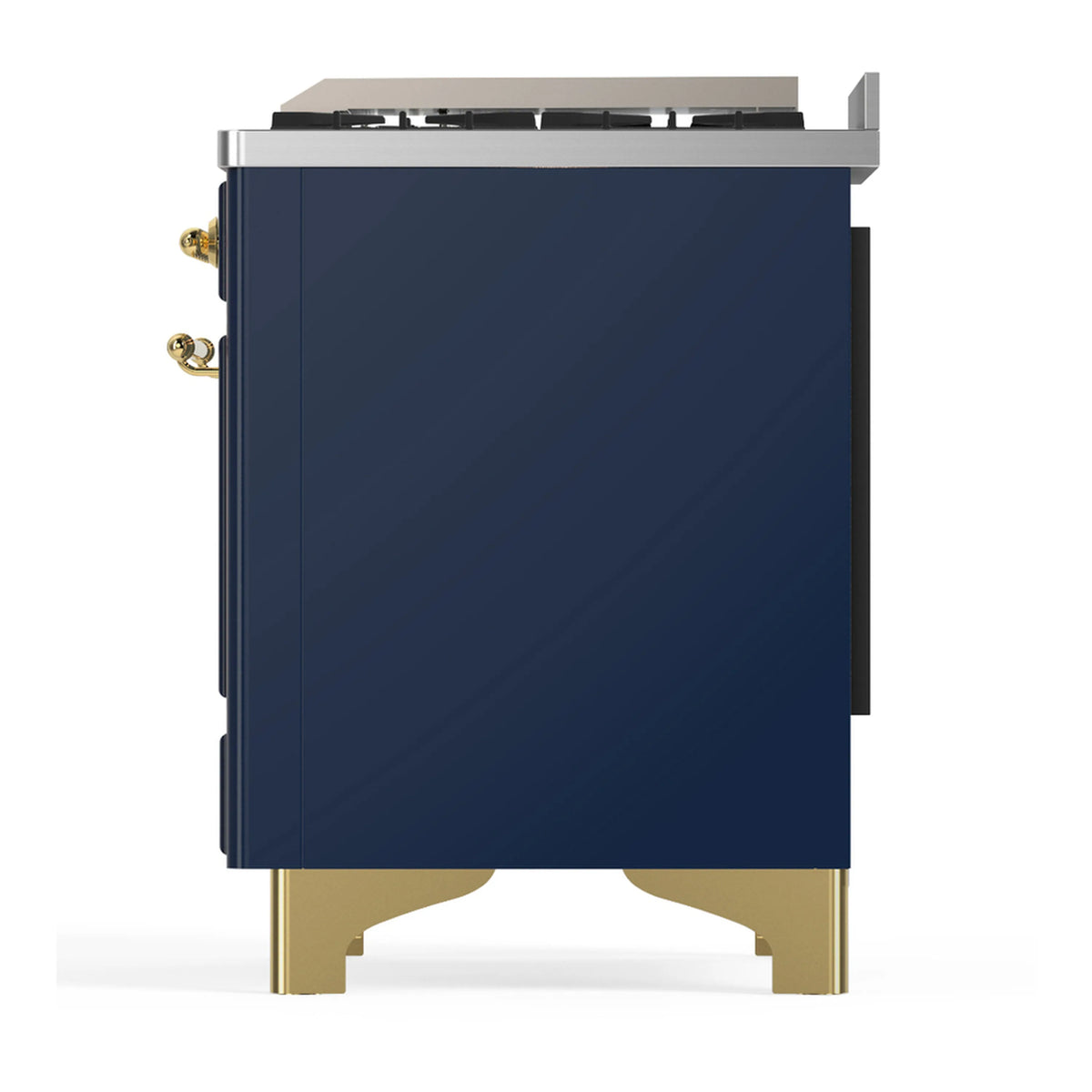 Blue grey dual fuel range rear-side view with brass corner trim and rear burner outlets