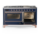 ILVE Majestic III 60-inch Dual Fuel Range with 5 Liquid Propane Burner, Griddle and Triple Glass Door Electric Oven in Midnight Blue with Copper Trim (UM60FNR3MBPLP)