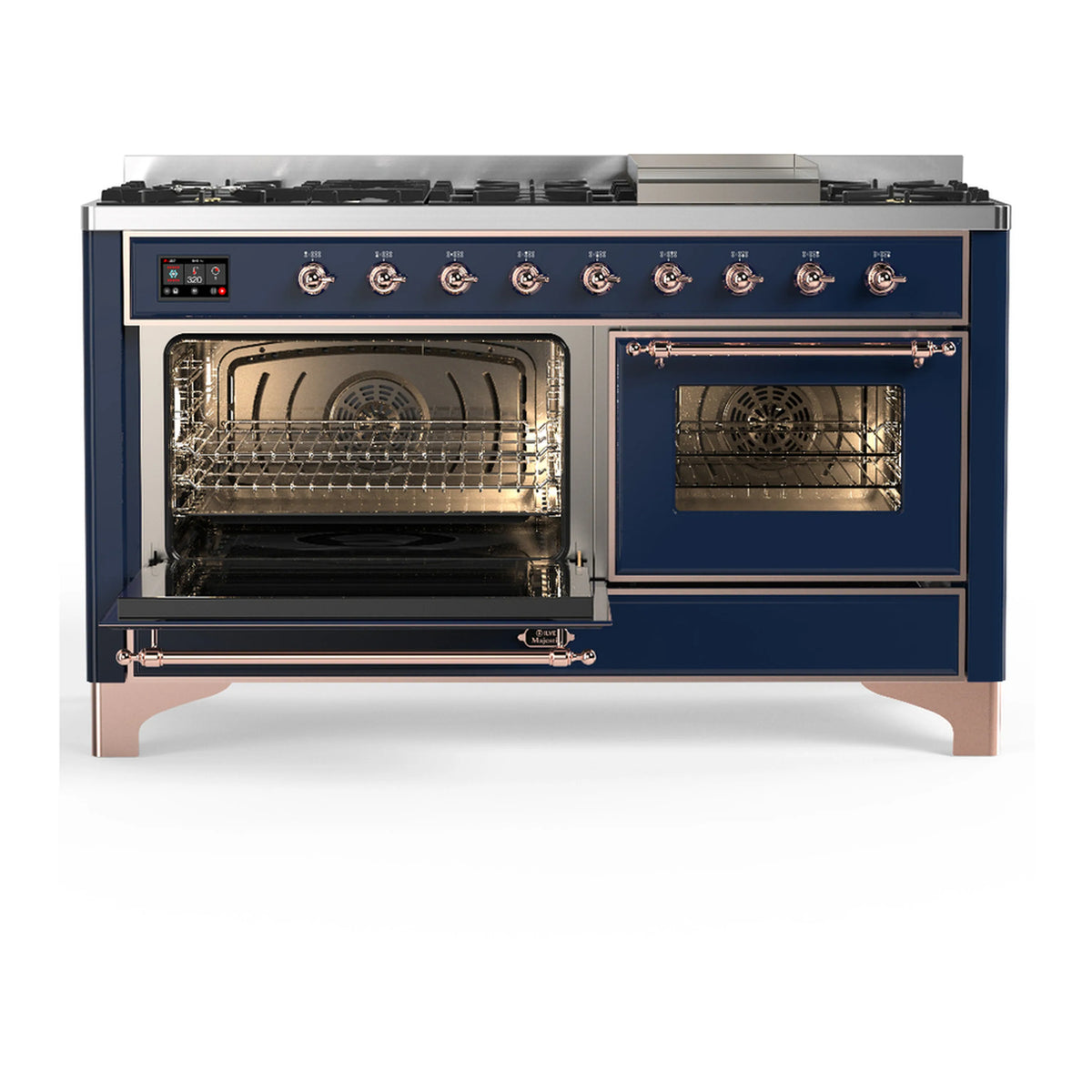 Midnight blue dual fuel range with left oven door open and right oven door with viewing window