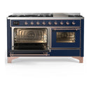 ILVE Majestic III 60-inch Dual Fuel Range with 5 Liquid Propane Burner, Griddle and Triple Glass Door Electric Oven in Midnight Blue with Copper Trim (UM60FNR3MBPLP)