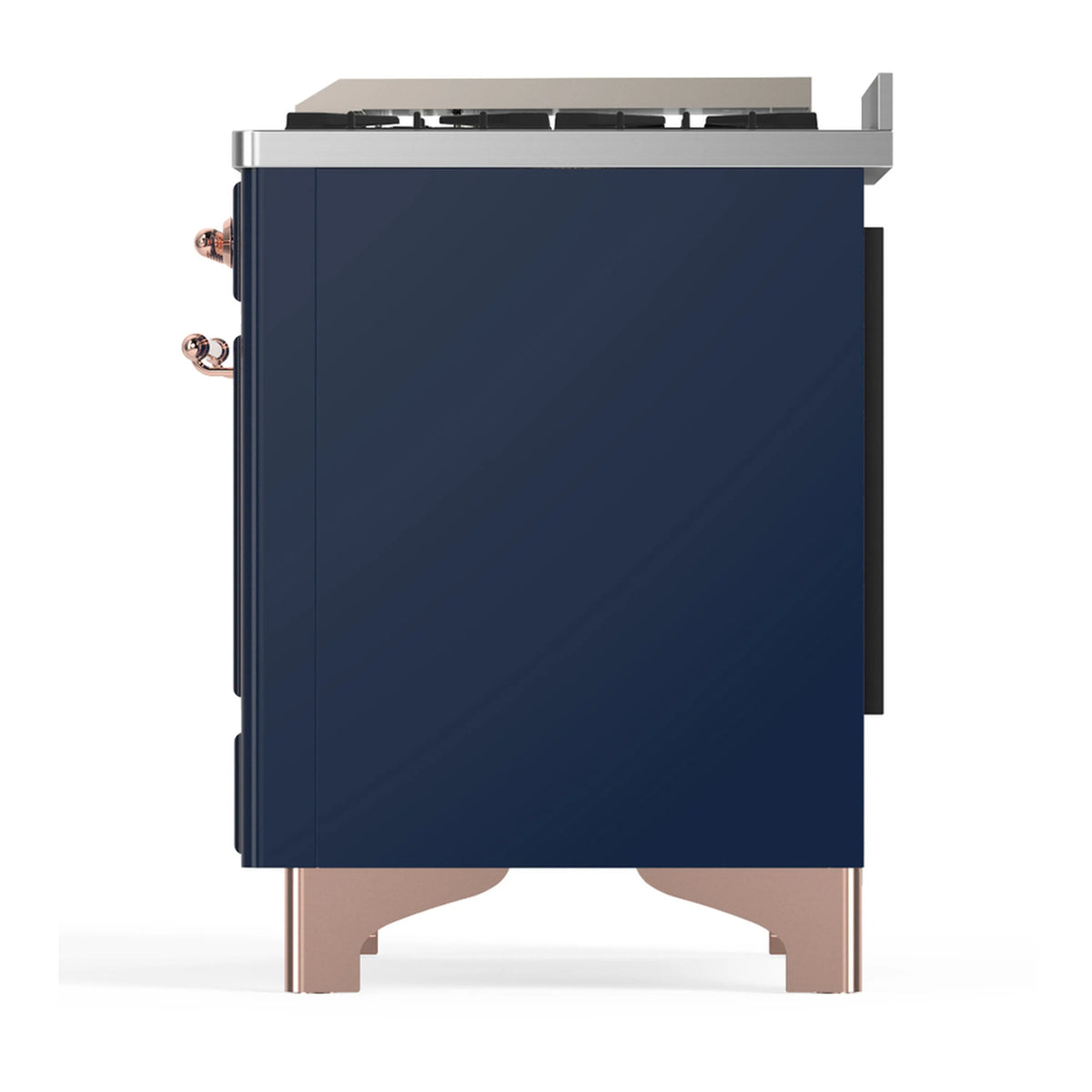 Midnight blue dual fuel range rear-side view with copper trim knobs and side controls