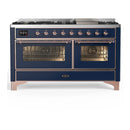ILVE Majestic III 60-inch Dual Fuel Range with 5 Liquid Propane Burner, Griddle and Triple Glass Door Electric Oven in Midnight Blue with Copper Trim (UM60FNR3MBPLP)